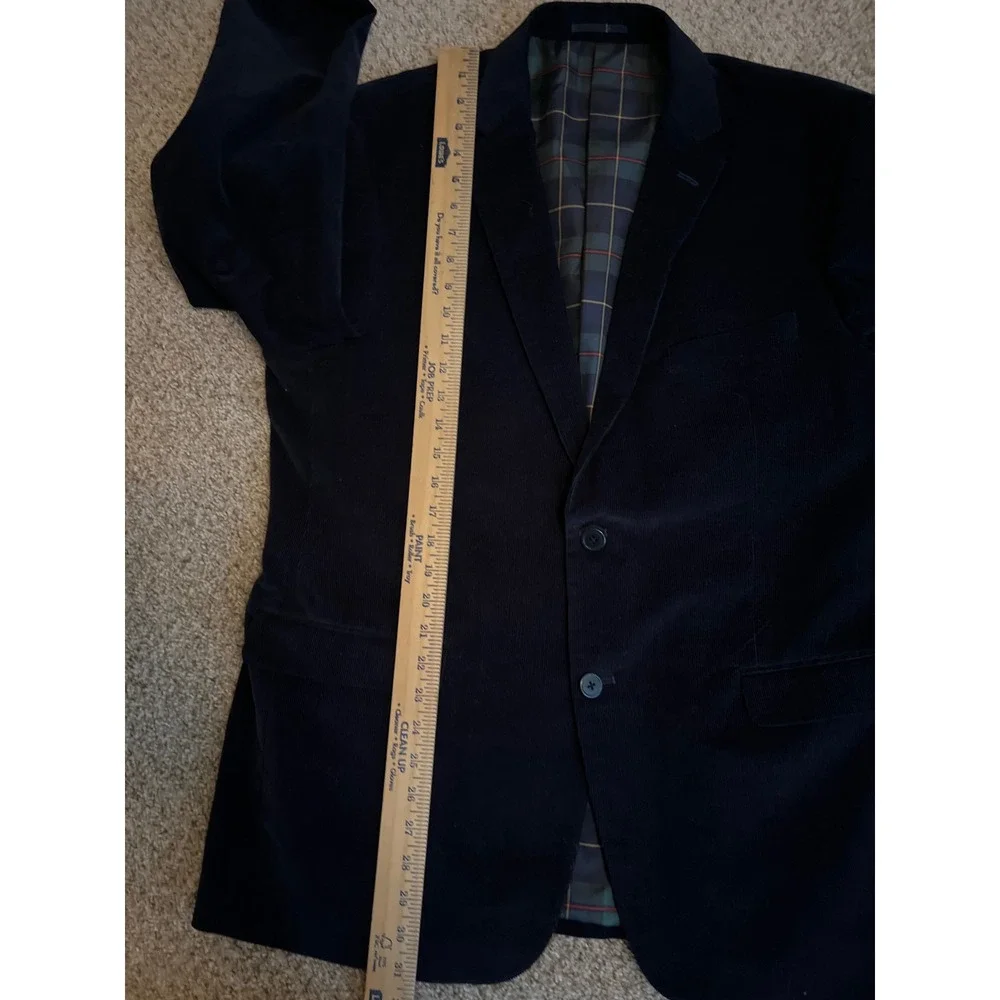 Alan Flusser Mens Blazer Large Navy Blue Corduroy Sport Coat Plaid Lining Formal